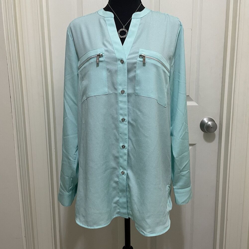 Calvin Klein Aqua Turquoise Womens Medium Shirt V-Neck Roll Tab Sleeve Button Up